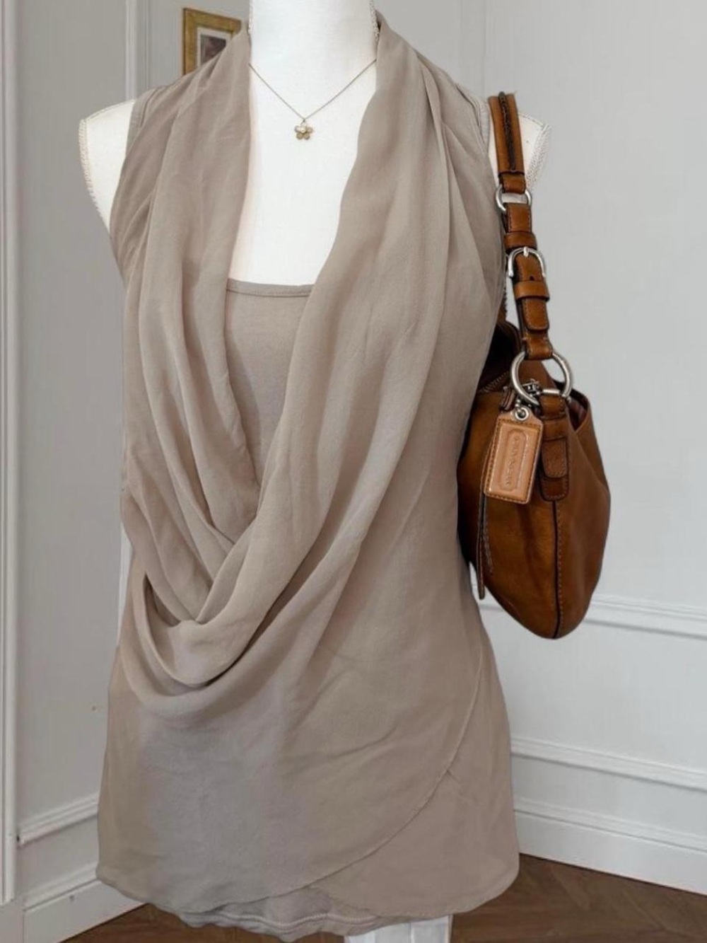 Vintage Gold Hawk Silk Draped Taupe Brown Sleeveless Chiffon Tunic Top
